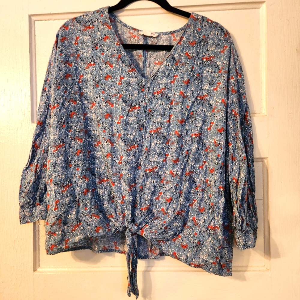Beachlunchlounge Blouse, Floral Ditzy Blue & Red, Tie Front Lightweight Top Sz L